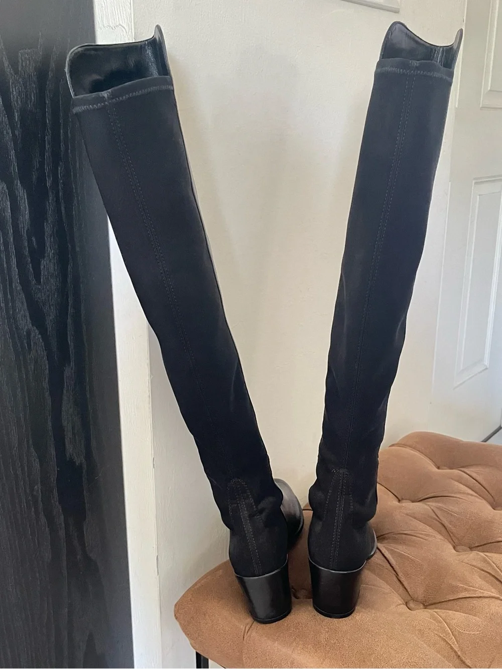 New Stuart Weitzman Classic Black Over-the-Knee Block Heel Leather Boots